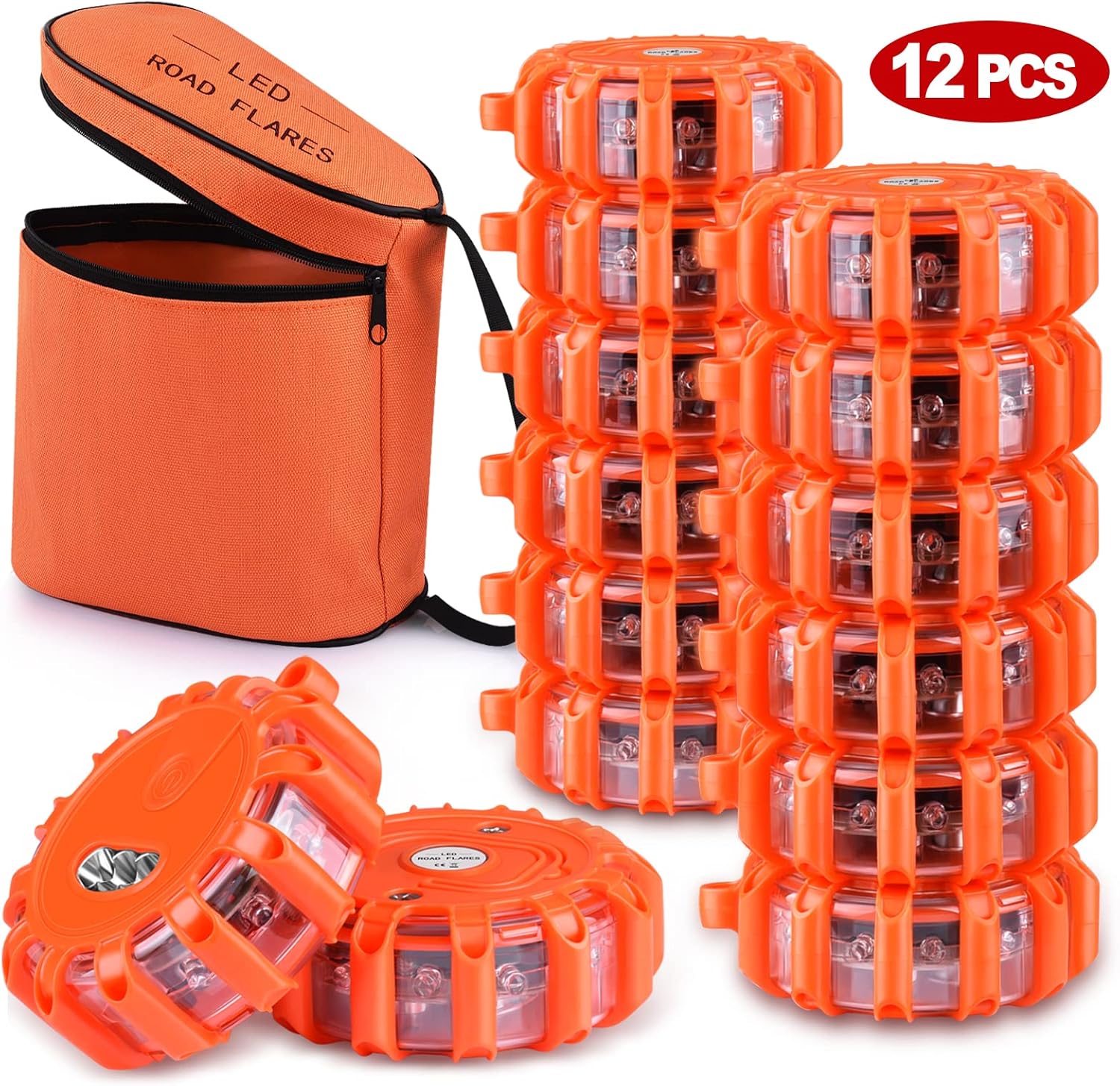Tobfit 12 Pack LED Road Flares Emergency Lights Roadside Safety Beacon Disc Flashing Warning Flare Kit with Magnetic Base & Hook for Car Truck Boats | 9 Flash Modes (Batteries Not Included) (12) Pack of 2