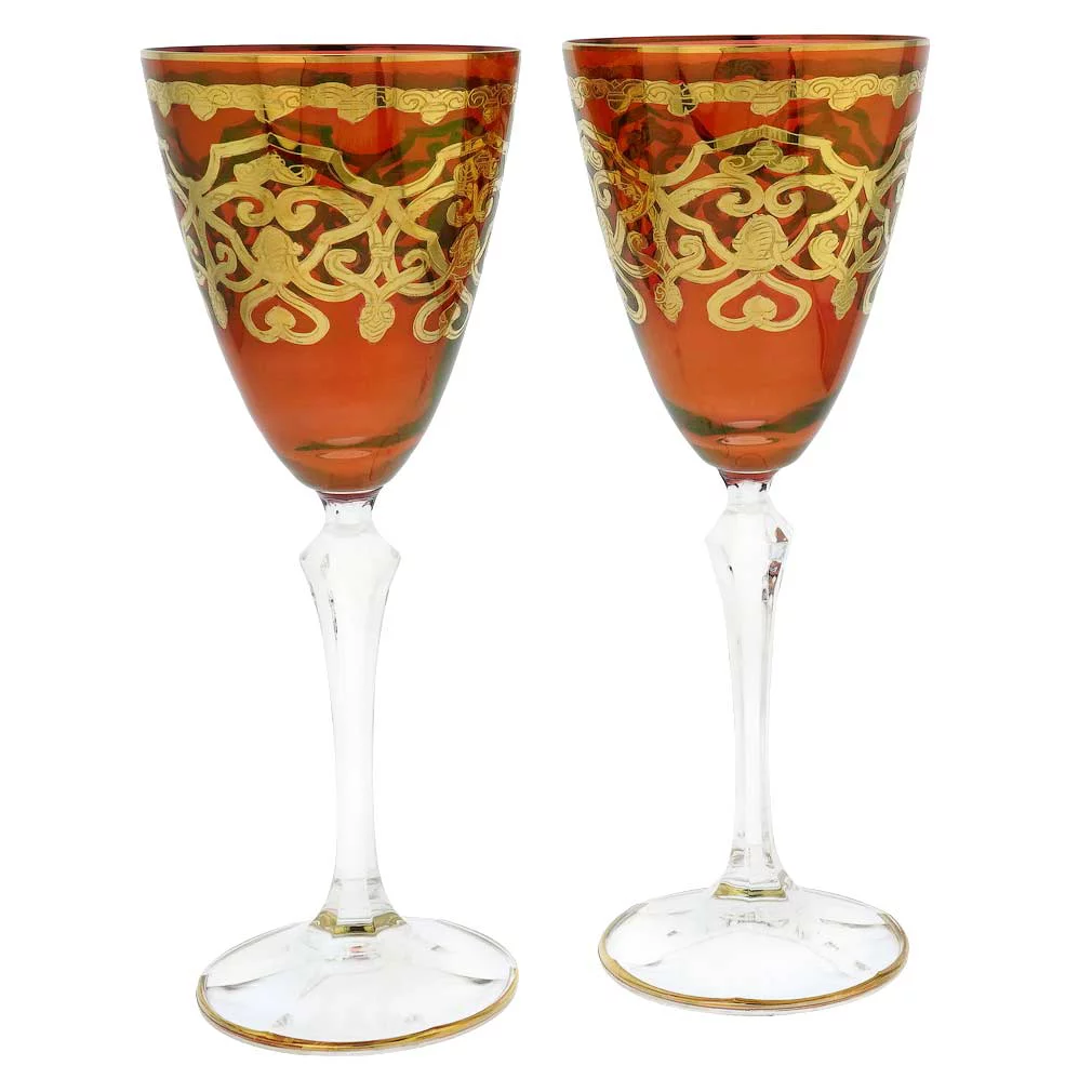 GlassOfVenice Set of Two Murano Glass Wine Glasses 24K Gold Leaf - Red