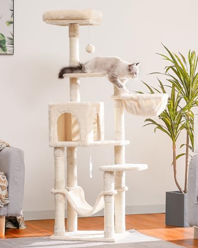 Hey-brother Cat Tree with Large Hammock, Multi-Level Cat Tower for Indoor Cats, Cat Condo with Sisal-Covered Scratching Posts and Top Perch, Light Gray MPJ050W