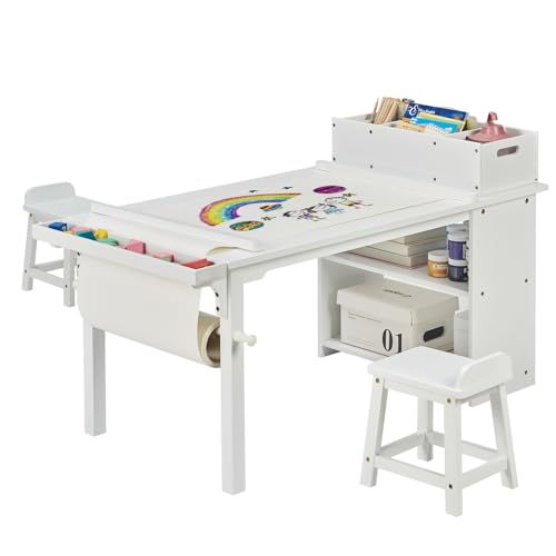 UNICOO Drawing and Art Table & Chair Set for Toddlers - Portable Craft Supplies Organizer and Storage Shelves, Canvas Bins, Paper Roll Rack, 2 Stools, Kids Art Table, Ages 2-6 (White)