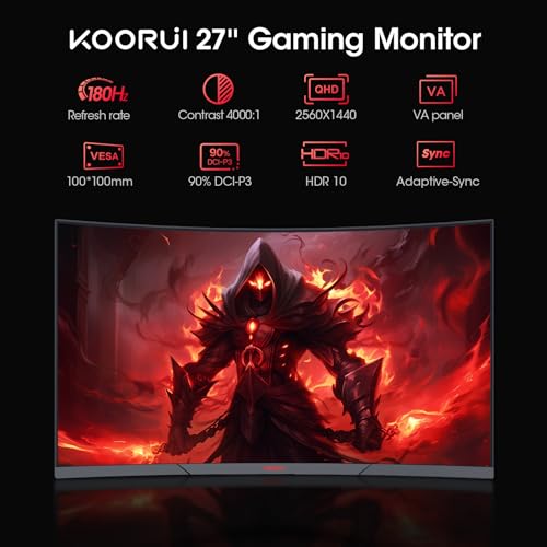 KOORUI 27 inch Gaming Monitor, QHD (2560 x 1440) R1500 180Hz Curved Monitor, AdaptiveSync with 1ms Computer Monitor, VESA Compatible, HDR10, 1 x Display Port 1.4 & 2 x HDMI 2.0, Eye Care 27E6QCA