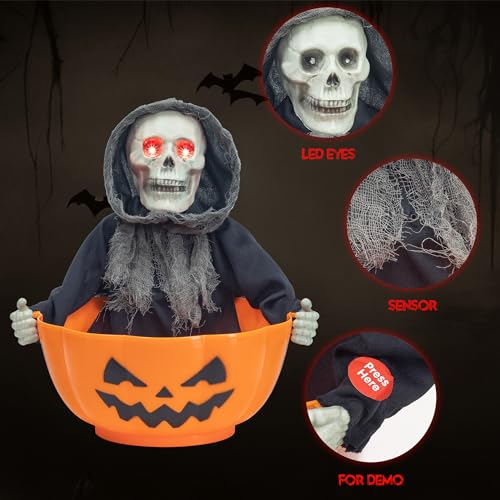 ITART Halloween Candy Bowl Grim Reaper Animated Candy Dish Halloween Decorations with Sound and Movement for Treat or Trick Sweets Container Holder