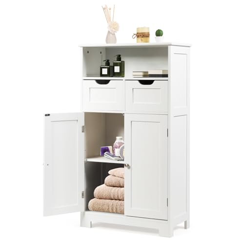 Bathroom Storage Cabinet, Bathroom Floor Cabinet w/ 2 Removable Drawers, 2 Doors & Adjustable Shelf, Bathroom Cabinets Organizer for Living Room, Kitchen & Entryway (Black)