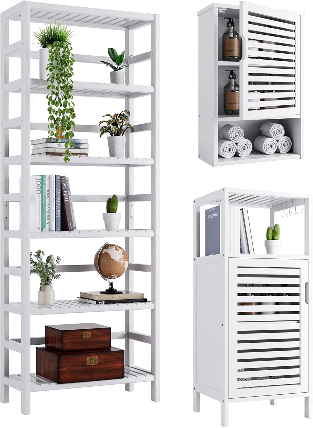 Bamboo Bookshelf Wall Cabinet Small Floor Cabinet Freestanding, Bathroom Storage Organizere with Adjustable Shelves and 4 Hanging Hooks, White