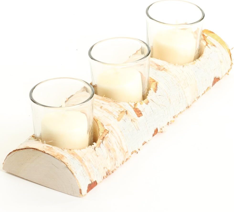 Koyal Wholesale Birch Wedding 10-Inch Birch Log Candle Holder with 3 Glass Candle Holders, Real Wood Log Decor