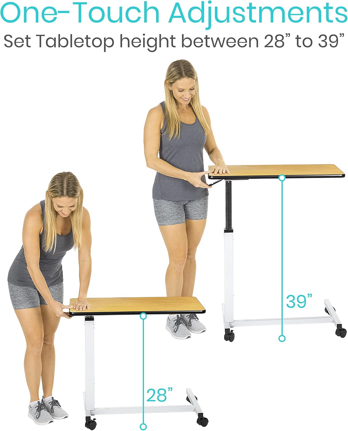 Vive Overbed Table (XL) - Hospital Bed Table - Swivel Wheel Rolling Tray - Adjustable Over Bedside Home Desk - Laptop, Reading, Eating Breakfast Cart Stand - Bedridden, Elderly, Senior Patient Aid