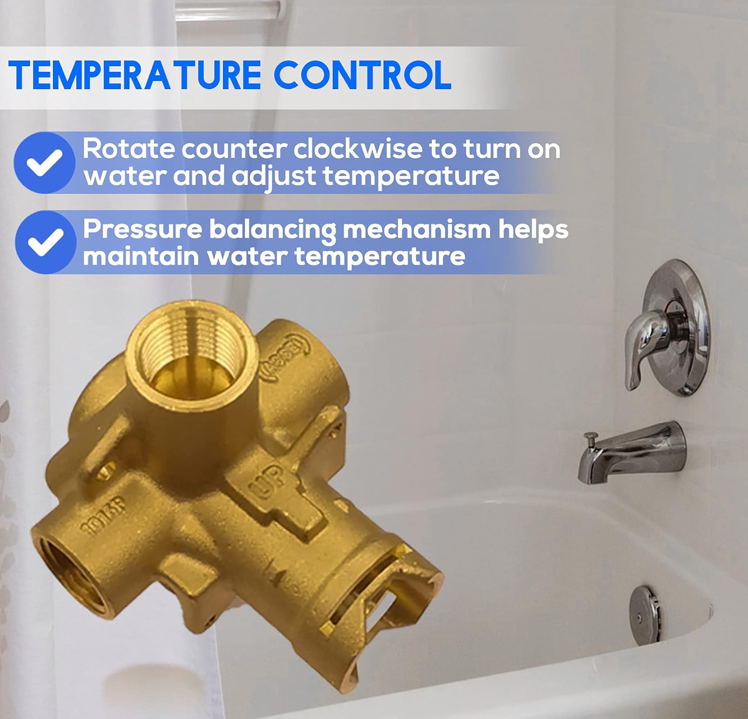 2510 Posi Temp Pressure Balancing Valve, Brass Tub and Shower Valve, 1/2 Inch IPS Connections, with 1222 Faucet Cartridge & Retainer Clip