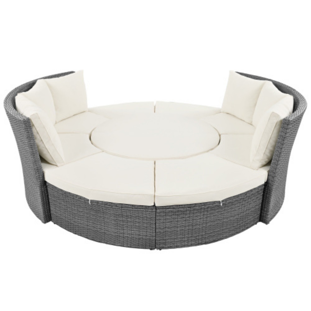 TOPMAX Patio 5-Piece Round Rattan Sectional Sofa Set All-Weather PE Wicker Sunbed Daybed with Round Liftable Table and Washable Cushions for Outdoor Backyard Poolside Beige + Rattan + Foam