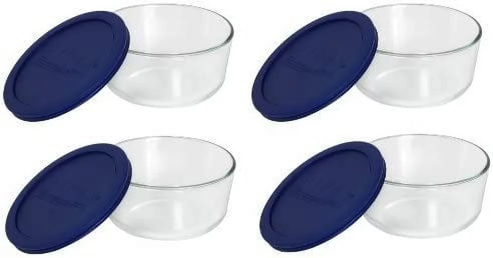 Pyrex Storage 4 Cup Round Dish, Clear with Blue Lid, Pack of 4 Containers