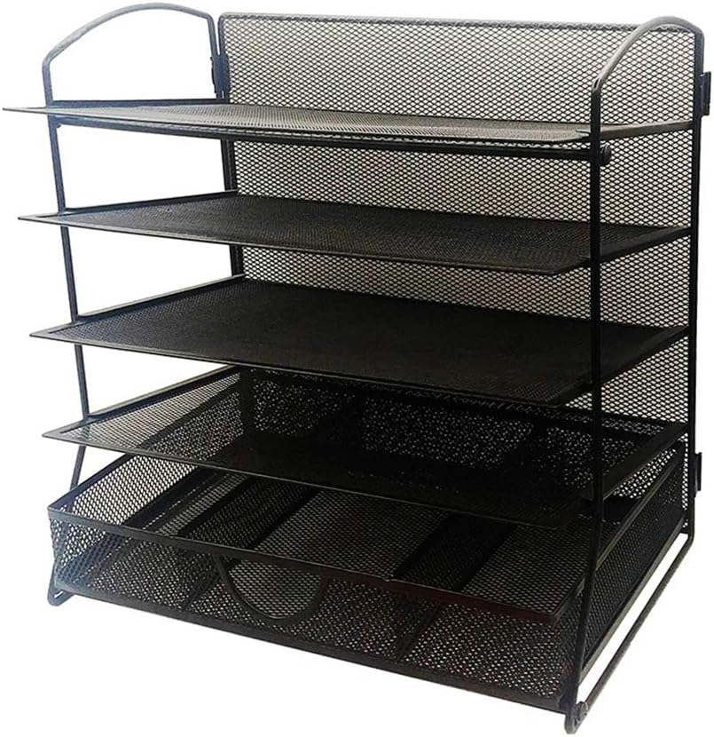 XKRSBS 5-Tier Mesh Desktop File Organizer Document Letter Tray Holder with Drawer Organizer for Office Or Home, Black