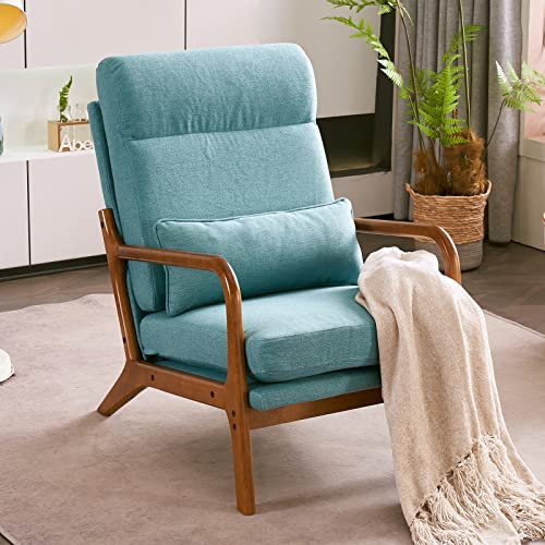 Bonnlo High Back Linen Beige Mid Century Modern Accent Chair, Soild Wood Padding Lounge Armchairs Side Sitting Chairs for Living Room, Bedroom, Guest Room