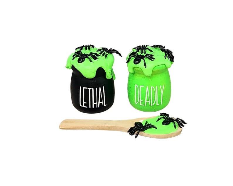 Halloween Set of 2 Mini Poison Jars and Wooden Spoon for Tiered Tray Decor, Halloween Toxic Jar, Halloween Jam Jar, Mini Lethal Jar, Mini Deadly Jar, Toxic and Spider Wooden Spoon