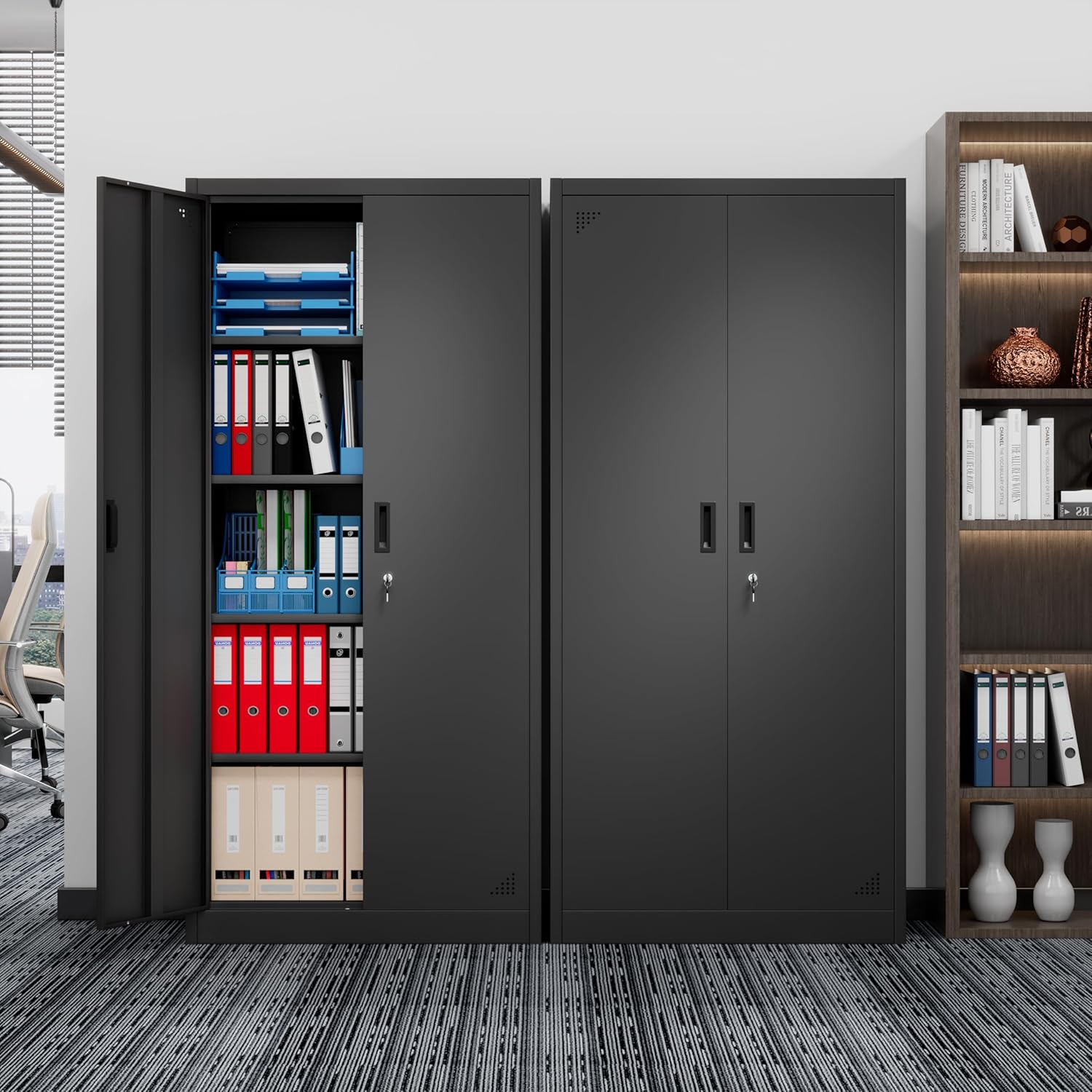 71''metal storage cabinets，large garage storage cabinet，storage cabinet with lock,black steel storage cabinet,storage cabinet with 2 doors and 4shelves,Utility cabinet for garage kitchens office