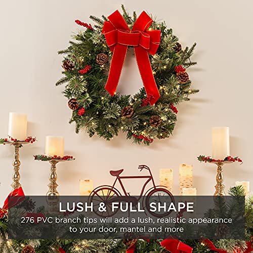 Best Choice Products 30in Pre-Lit Battery Powered Christmas Wreath Artificial Pre-Decorated Holiday Accent w/ 100 Lights, 276 PVC Tips, Ribbons, Pine Cones