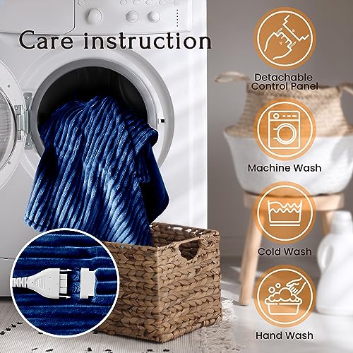 Heated Queen Blanket Striped Electric Blanket - Heating Blanket Queen with 6 Heat Levels & 10 Hours Auto-Off, Cozy Soft Fleece Blanket, Washable, Fast Heating, 84 x 90 Inches, Navy Blue