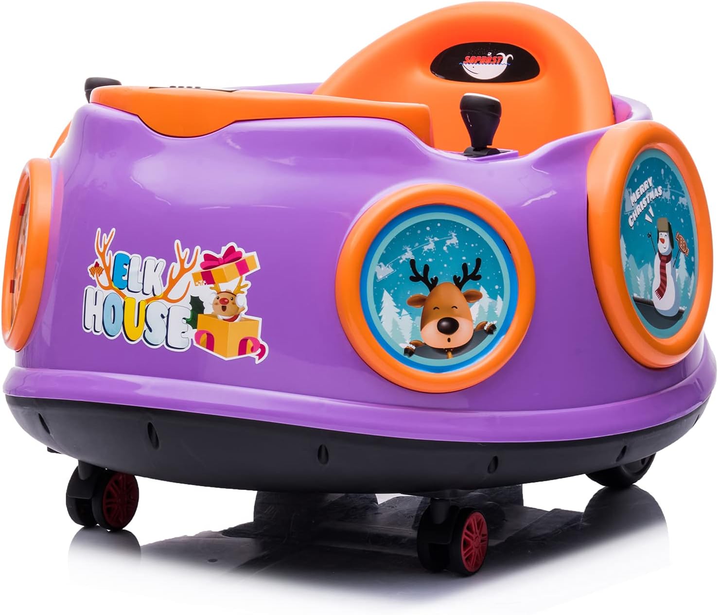 sopbost 6V Bumper Car for Kids, Electric Ride on Bumper Car with Remote Control, 360 Spin, Music & Story, Kids Bumper Car with Small Dinner Table, Toddler Bumper Car (Elk, Purple)