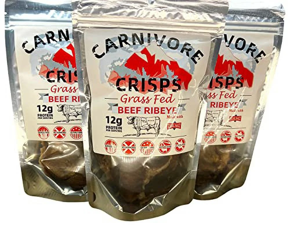 Carnivore Crisps beef ribeye, (3) 1.5 oz bag, 11 g proteins per serving, carnivore diet approved, keto diet approved