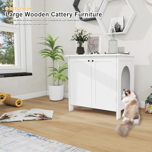 Litter Box Enclosure, Cat Litter Box Furniture with Removable Divider, Large Hidden Litter Box Furniture, Wooden Cat House(White)