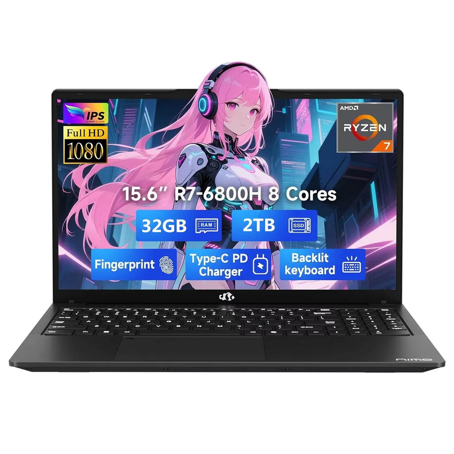 15.6" IPS FHD Gaming Laptop, 8 Cores AMD Ryzen 7 6800H (Beat i7-12700H, Up to 4.7GHz) 32GB DDR5 RAM 2TB SSD AMD Radeon 680M GPU-Computer with 100W GaN Type-C Backlit Keyboard Fingerprint Black