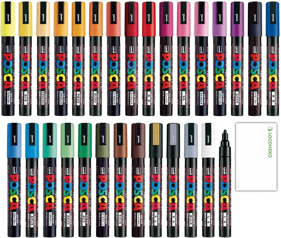Posca Paint Marker Medium Point (PC-5M) 29 Colors FULL RANGE Bundle Set Uni Mitsubishi Poster Colour ALL COLOR 2.2mm Marking Pen Loconeko Memo pad Set Pack of 2