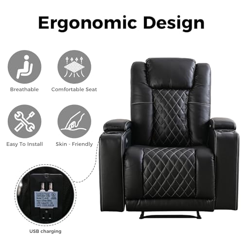 Electric Recliner Chair, Soft Leather Reclining Home Theater Seating with USB Ports, Cup Holders Hidden Arm Storage, Breathable Design for Living Room (1, Black)