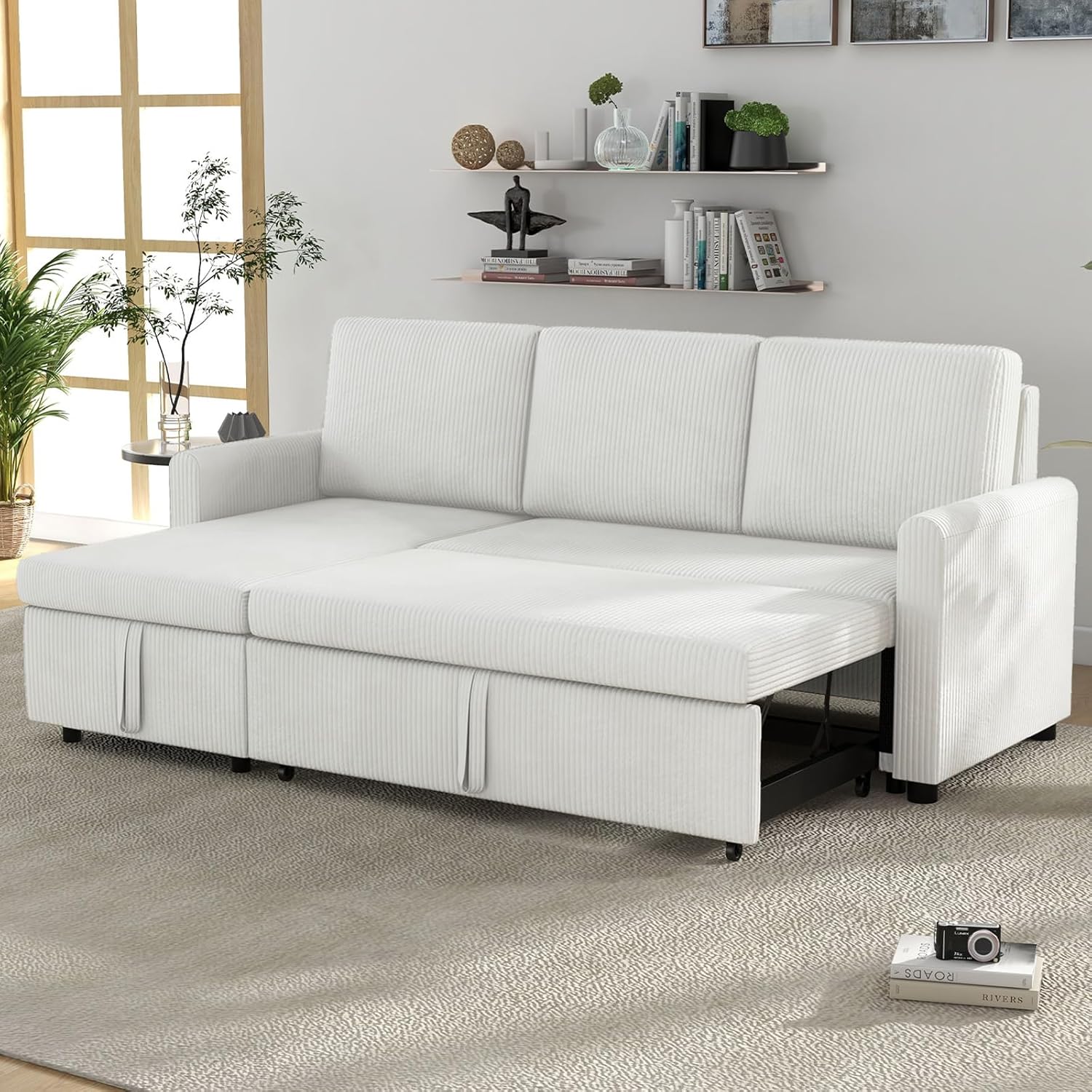 Convertible Sleeper Sofa Bed 3 in 1, Soft Corduroy L-Shaped Couches for Living Room, Small Pull Out Sectional Futon Sofa Bed with Storage Chaise and 2 Pillows, for Small Space Apartment, Beige