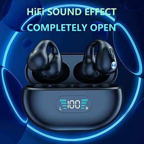 Open Ear Bone Conduction Headphones, Bluetooth Wireless Clip On Earbuds with Digital Display Charging Case 60 Hours Playtime IPX4 Waterproof Sports Headphones for Running, Walking, Workout