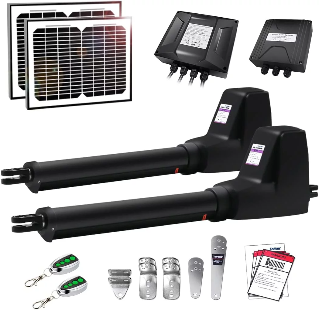 TOPENS AT12132S Solar Dual Swing Gate Opener Heavy Duty Automatic Gate Motor for Double Swing Gates Up to 18ft per Arm, Electric Driveway Gate Operator AC Powered with Solar Panel Remote Control Kit