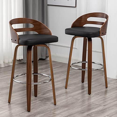 Bar Stools Set of 2, Swivel Bar Height Stools with Low Back, Wood Bar Chairs with Soft Cushion Seat, 24.6-Inch Seat Height (Black-1, 26
