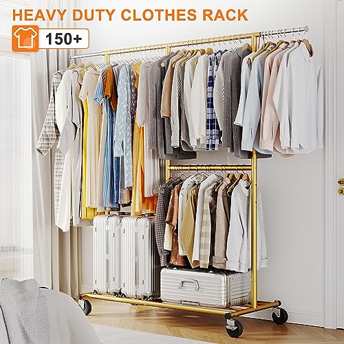 Raybee Gold Clothing Rack for Hanging Clothes, Rolling Heavy Duty Clothes Rack with Wheels for Walk-in Closet, Bed Room, Laundry Room 17.7