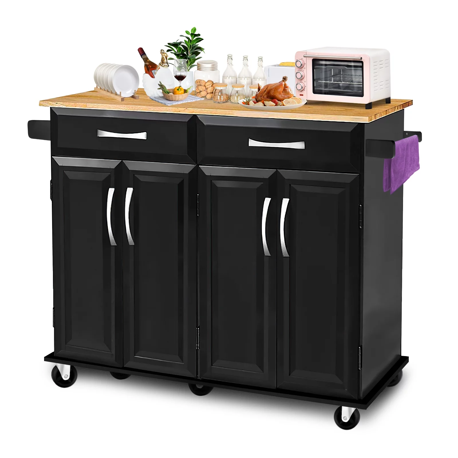 Codesfir Kitchen Island with Drawers and Large Storage Cabinet, Rolling Kitchen Serving Cart with Towel Holder Utility Trolley and Adjustable Shelves, Rubber Wood Top, Easy to Assembly,(Black)