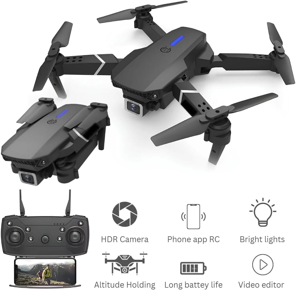Foldable RC Helicopter WIFI FPV E88 Pro RC Drones Camera 4K Beginner pocket mini drone With 1080P Wide Angle Dual HD Camera Kids friendly, Black
