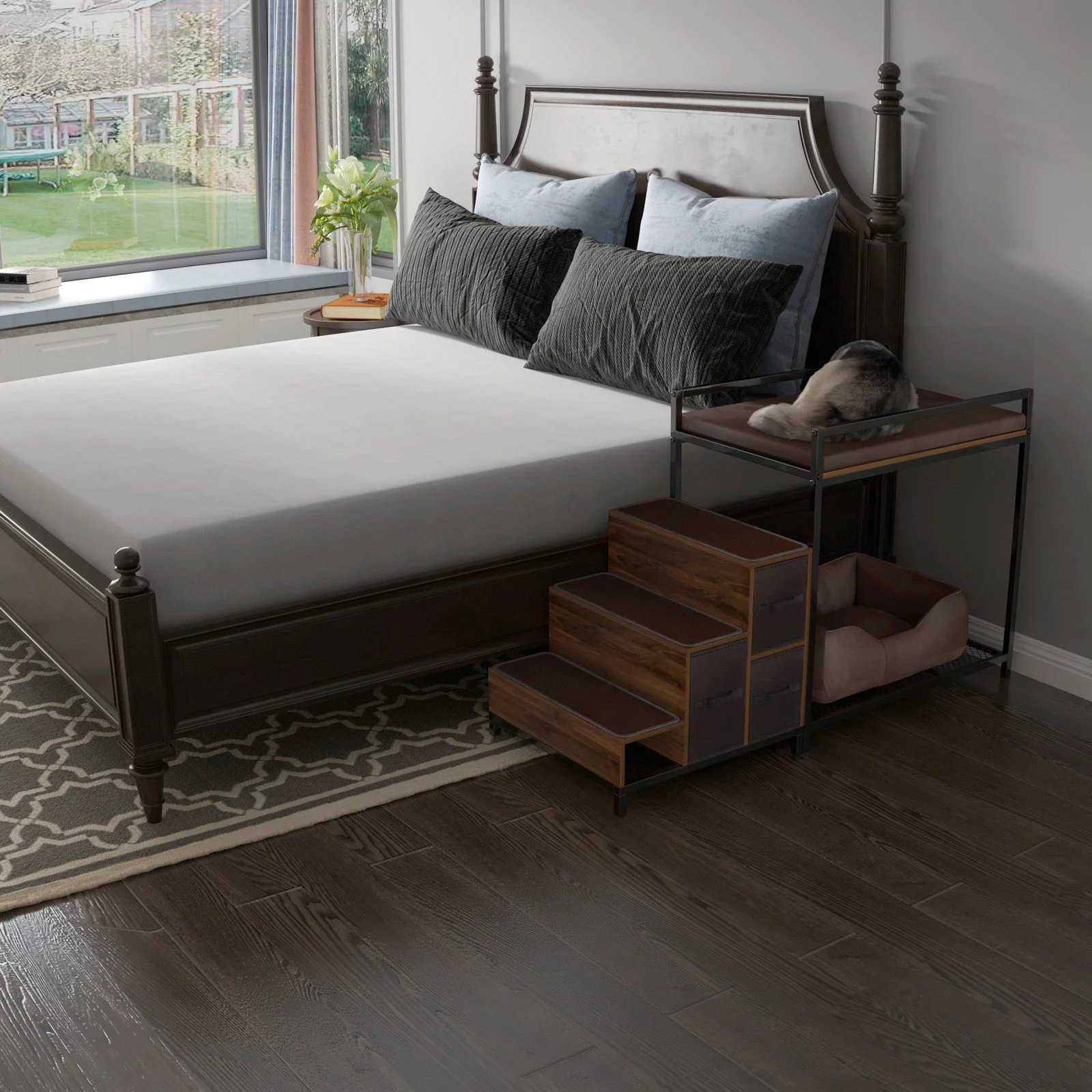 GDLF Dog Bunk Bed Window Pet Perch Elevated for Cats Dogs, Non-slip Pad and Storage