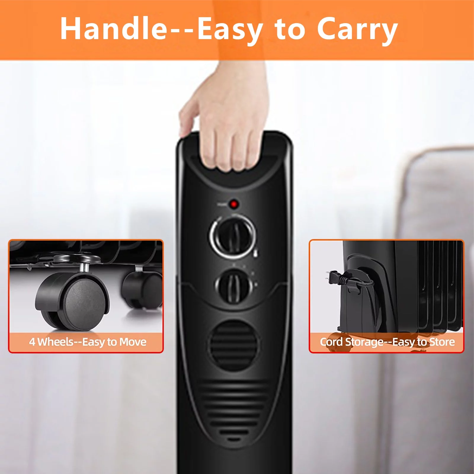 Oil Filled Radiator Heater for indoor - Portable Electric Heater with 3 Heat Settings, Adjustable Thermostat, Overheat & Tip-Over Protection (Black)