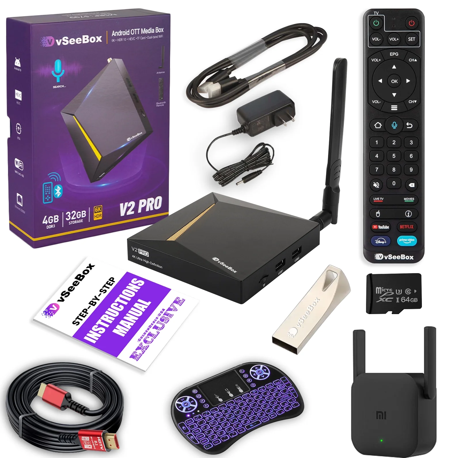 Latest vSeeBox V2 Pro Bundle with Voice Control Remote, 8K HDMI Cable, 64GB TF Card, 64GB USB Drive, WiFi Extender, Backlit Keyboard, Detailed Setup Guide - Android 10, 4GB RAM, 32GB Storage