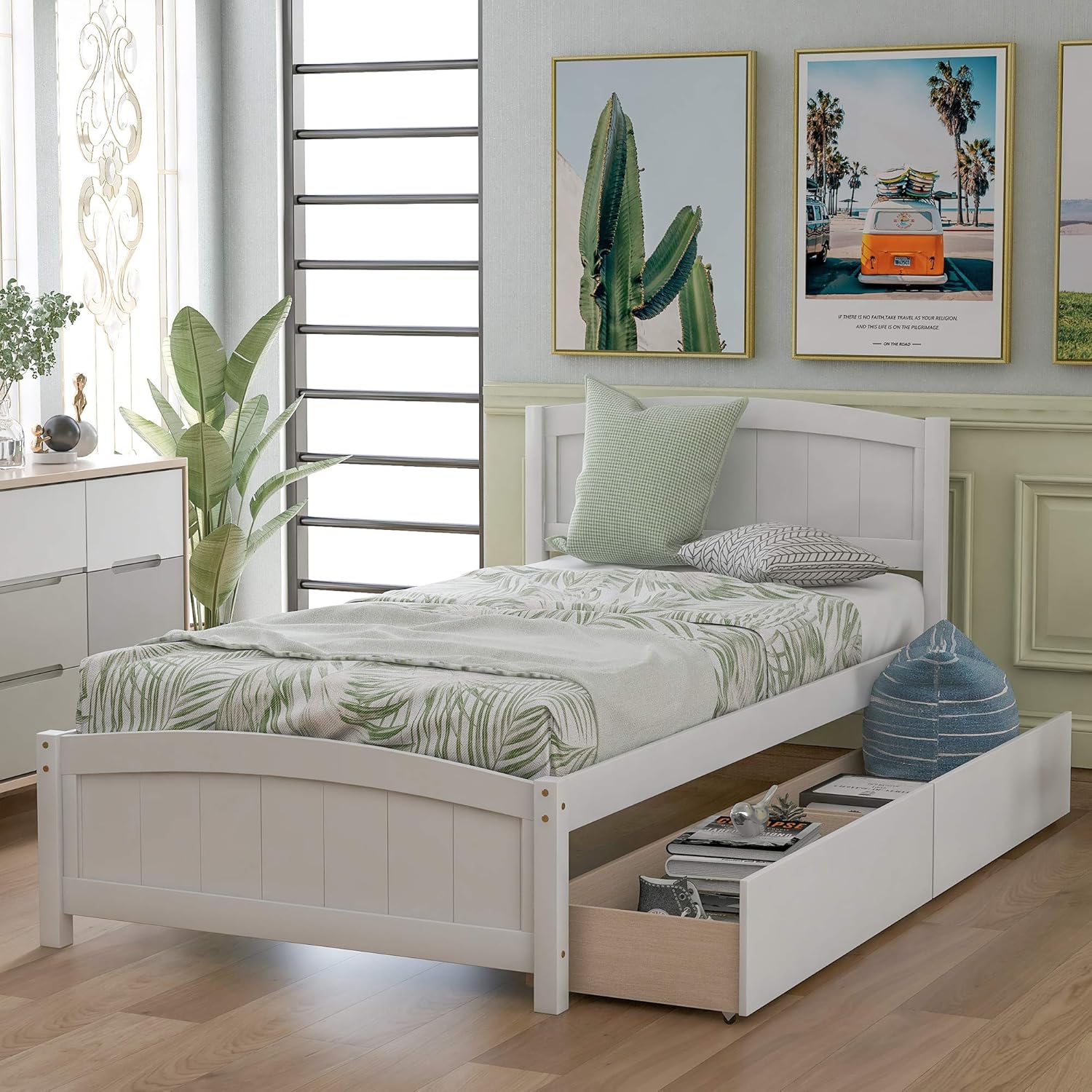 Harper & Bright Designs Twin Platform Bed with Storage Drawers, Solid Wooden Twin Size Bed Frame with Headboard for Kids, Teen, Adults, No Box Spring Needed (Twin, White)