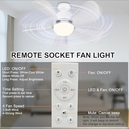 2Pack Socket Fans Light With Remote, E26 Screw in Ceiling Fans with Dimmable Lights, Adjustable Powerful Airflow Quiet Ceiling Fan Light Kit Bulb for Bedroom Living Room Kitchen Garage (White 2Pack)