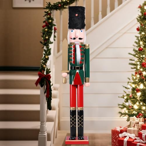 MUMTOP 42 Inch Nutcracker Christmas Decorations, Wooden Christmas Nutcracker Figure Ornament Christmas Large Nutcracker Soldier with Black Fur Hat Decor for Fireplace Indoor Home Front Door Winter