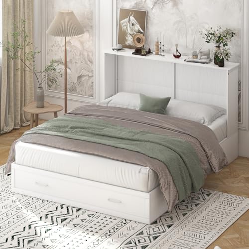 BALUS Murphy Cabinet Bed, Queen Murphy Bed with Charging Station, Tri-fold Memory Mattress, Storage Drawers, Space-Saving Wooden Folding Cube Chest Wall Beds for Living Room and Apartments White
