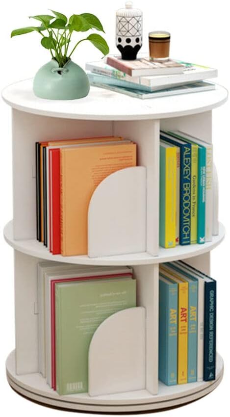 Rotating Bookshelf, 2 Tiers Freestanding Storage Shelf, 360° Rotating White Bookshelf Round Bookcase Magazines A4 Papers Organizer, for Home Office Living Room 15.7x15.7x23.6in, White 2 Tiers