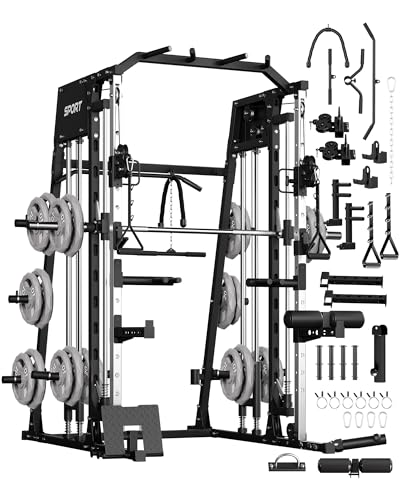Smith Machine Home Gym All in One, 2200LBS Squat Rack Power Cage with Smith Bar, LAT Pull-Down, Cable Systems, Leg Hold-Down and More Attachments, Workout Equipment (Red Black)