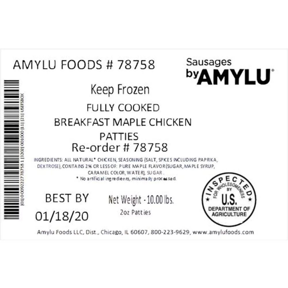 Sausages By Amylu Breakfast Maple Chicken Patties, 10 Pound -- 1 each.