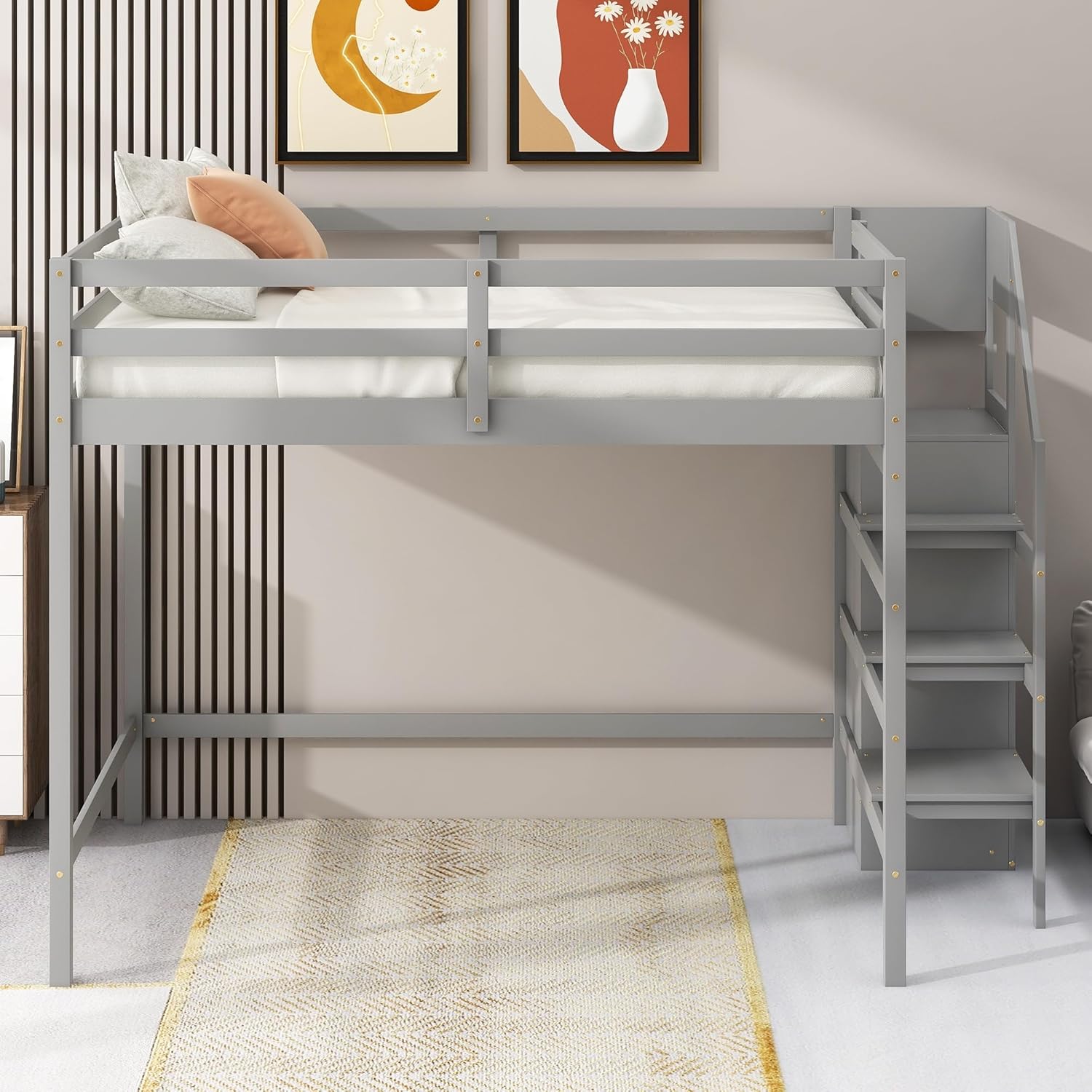 Gray Full Size Multi-Functional Wooden Loft Bed with Built-in Storage Wardrobe and Staircase Guardrails No Box Spring Required Grey Mission Craftsman Vintage Unisex Space Pine Finish