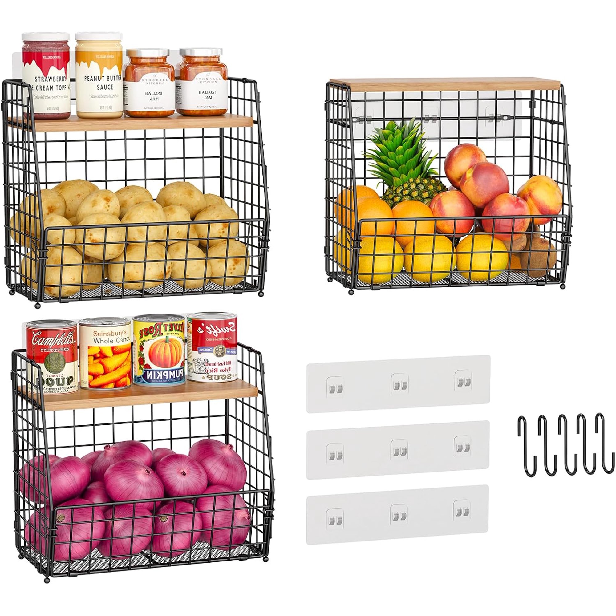3 Pack Hanging Kitchen Baskets with Adjustable Wood Lid & S Hook- No Drilling Adhesive Wall Mount Wire Basket Over the Cabinet Door Organizer, Onion and Potato Storage for Pantry, Kitchen, Bathroom
