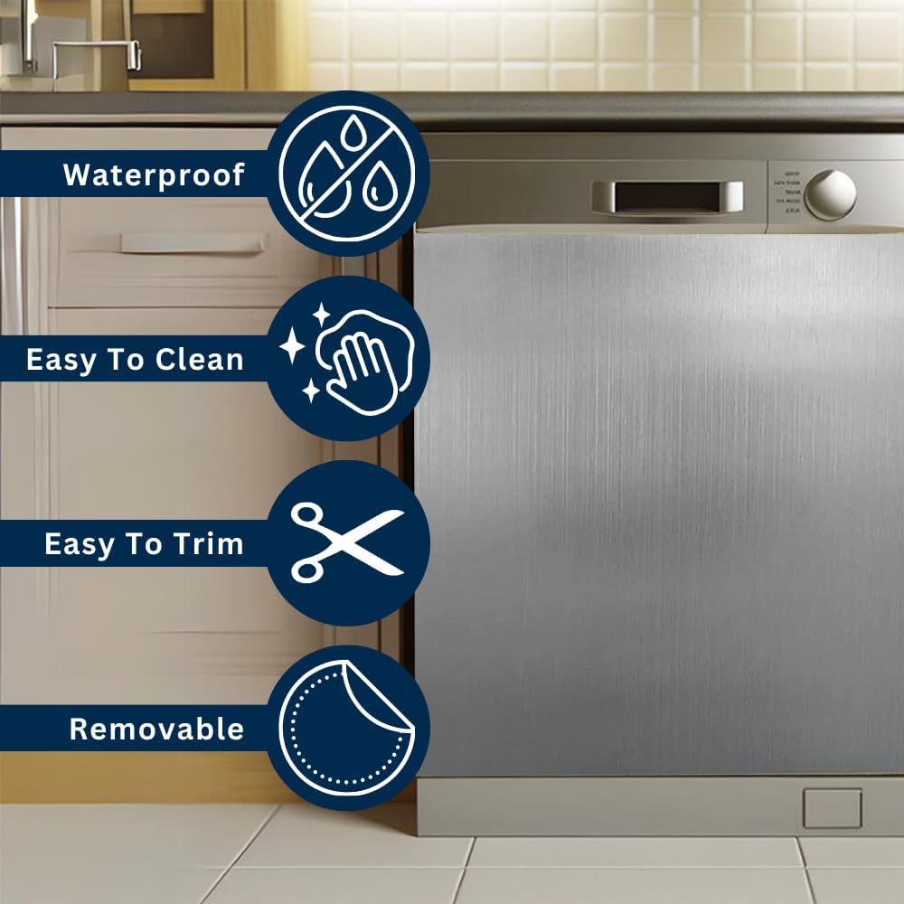 Instant Stainless Steel Magnetic Dishwasher Cover, Reusable Decal for Front Panel, Dishwasher Magnet Cover, Appliance Wrap Skin, 23.5” x 26”