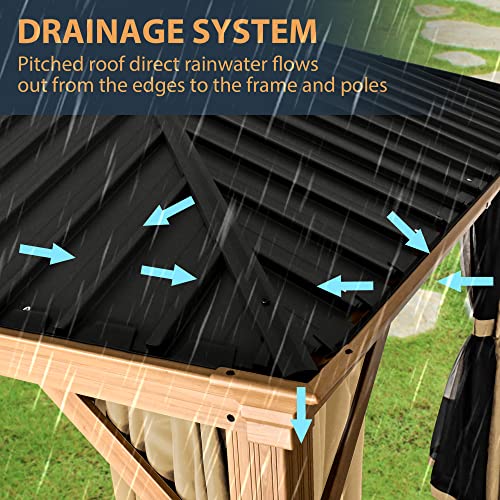 HAPPATIO 10' x 12' Hardtop Gazebo, Outdoor Wood Grain Frame Aluminum Metal Gazebo with Galvanized Steel Double Roof，Patio Canopy with Netting and Curtains for Patio, Deck，Backyard (Gray)