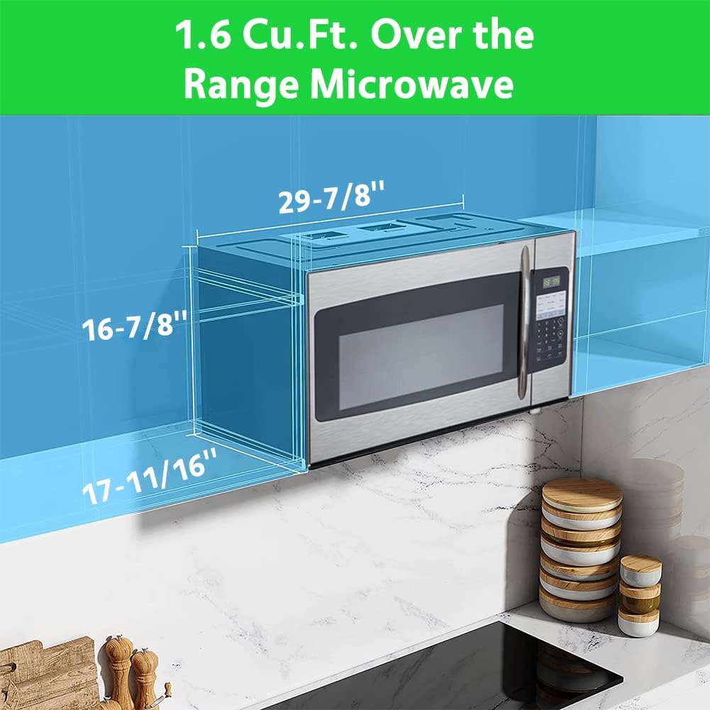 1.6 Cu.Ft. Over the Range Microwave 30 Inch with Vent, Rangetop Microwave with Sensor Cook, ECO Mode, LED Lighting and Child Lock, Smudge-Proof Stainless Steel