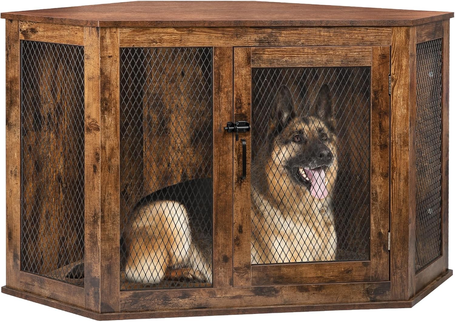 PUKAMI Corner Dog Crate Furniture,44/52inch Wooden Dog Kennel Furniture with Mesh,Decorative Wood Dog House for Indoor use,Dog Crate for Small/Medium/Large Dog,Perfect for Limited Room