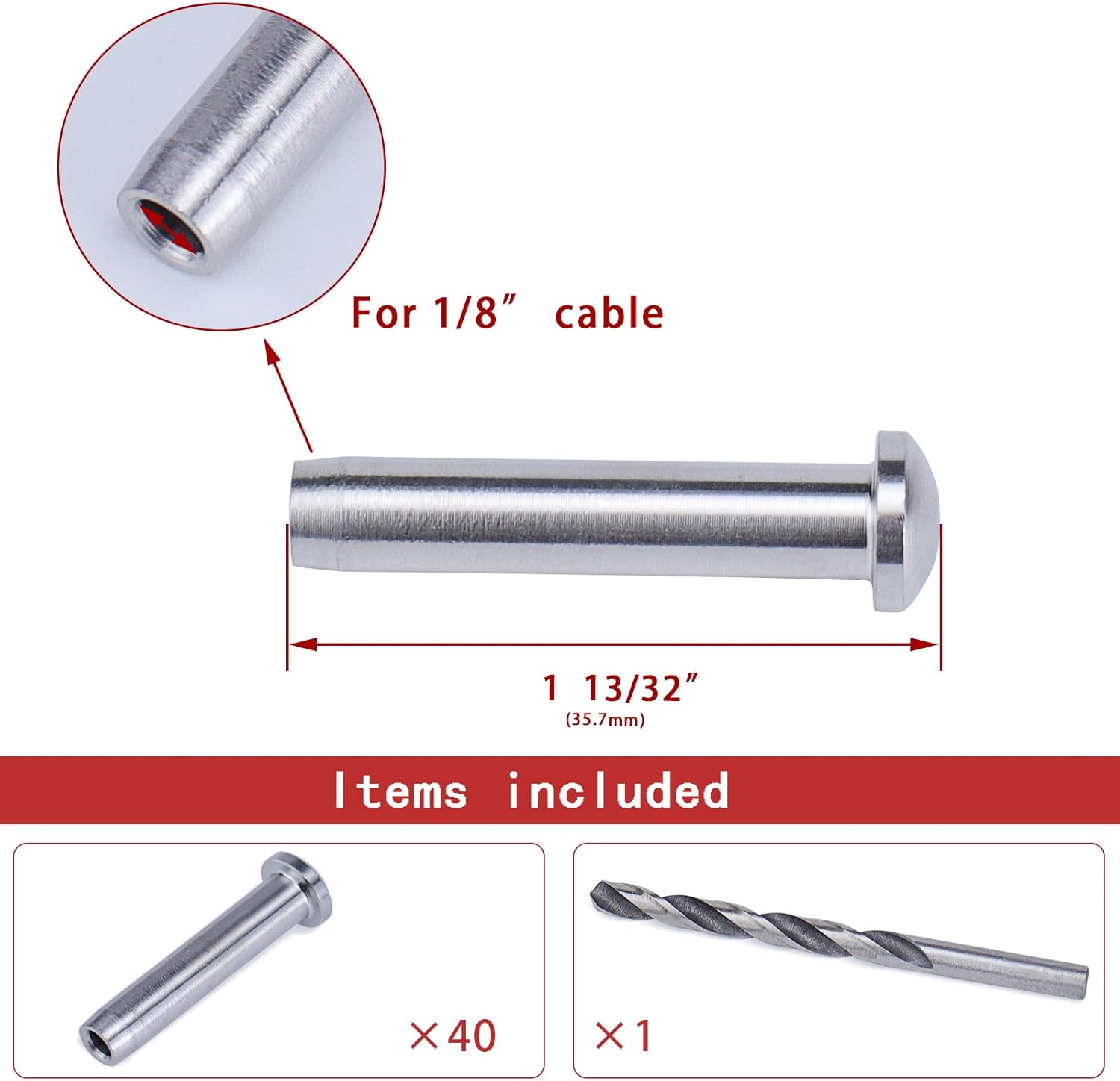 Muzata 40Pack 1/8 Stemball Swage Dead End Invisible Cable Railing Kit Hardware Terminal Round Head T316 Stainless Steel for Wood Stair Deck WoodHidden System CB12,CV1 CV2 Pack of 2