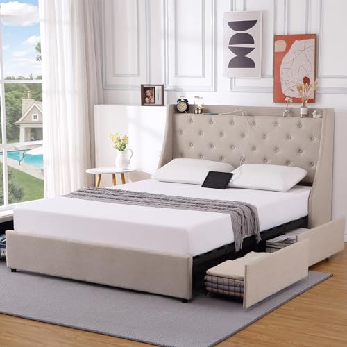 Full Size Bed Frame with Charging Station,Upholstered Platform Bed with Button Tufted Storage Headboard Wingback and 4 Storage Drawers,No Need for a Box Spring, Wood Slat Support, Easy to Assemble